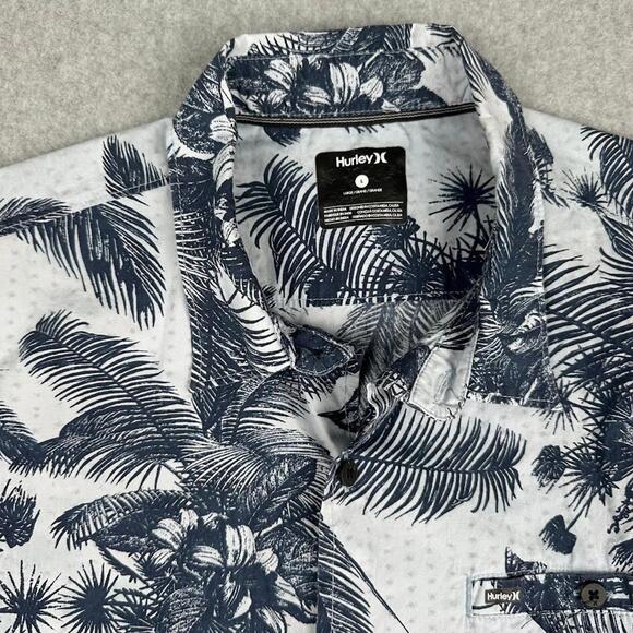 HURLEY Men's WHITE & BLUE Tropical Palms Short Sleeve Patio Shirt LARGE Hawaiian - Picture 3 of 11